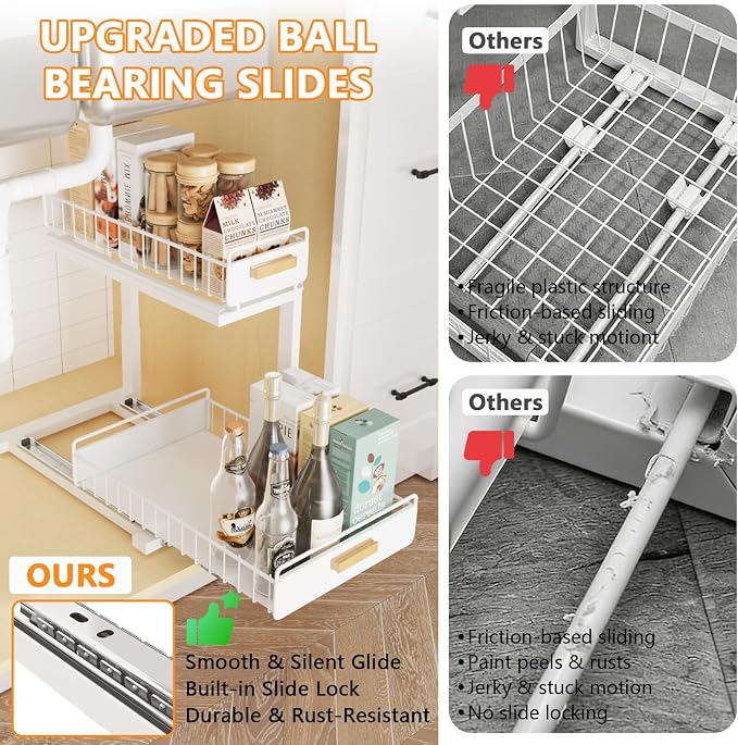 Under Sink Organizer 1 Pack Pull Out Cabinet Organizer with Ball Bearing Sliding Drawer 2 Tier Adjustable Storage Rack Heavy Duty for Kitchen Bathroom White