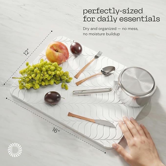 Deepstone Diatomite Stone Dish Drying Mat – Fast-Drying Natural Diatomaceous Earth Kitchen Countertop Drying Board – Super Absorbent & Non-Slip, 16 x 12 in (White)