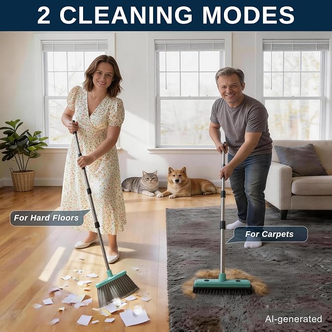 Broom with Dustpan Combo Set,Pet Hair Rubber Broom with Carpet Rake and Squeegee,Long Handle Broom with Upright Standing Dustpan for Indoor Cleaning (Black)