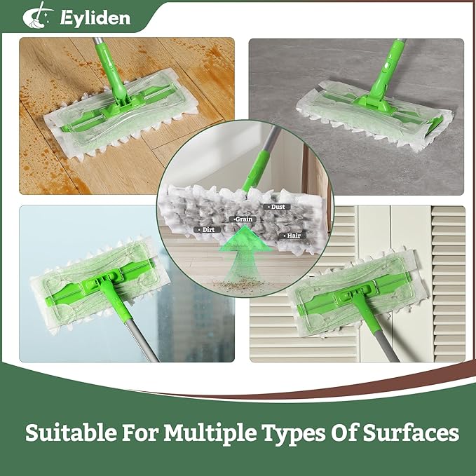 Eyliden Sweeper Mop with 36 Refills, 3 Types of Disposable Dry & Wet Cloths | Lock-Tight Design No Lost Pads, Universal Refills, Multi-Surface Sweeping Starter Kit for Pet Hair, Dust, Floor Cleaning