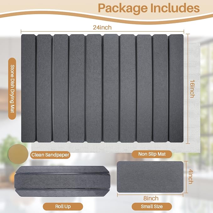 2 PCS Quick Dry Stone Dishes Mats for Kitchen Counter,Collapsible Quick Drying Dish Mats,Ultra Absorbent Diatomaceous Earth Mats for Dishes Bottles Cups, Match Any Countertop（Dark Gray 24"×16"& 8"x4"）