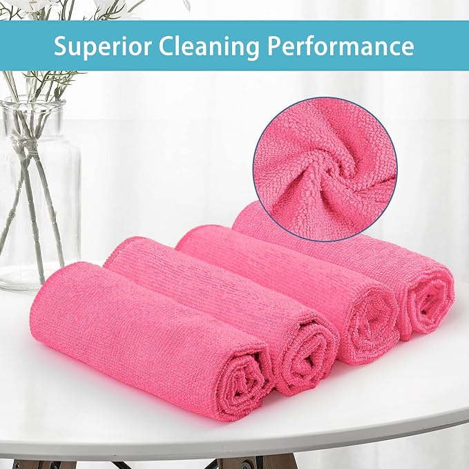 HOMEXCEL 8PK Microfiber Cleaning Cloth, Cleaning Rags for Home, 11.5x11.5in | Reusable, Lint Free, Scratch-Free and Highly Absorbent Towels for Kitchen, Window and Glass, Cars, Pink