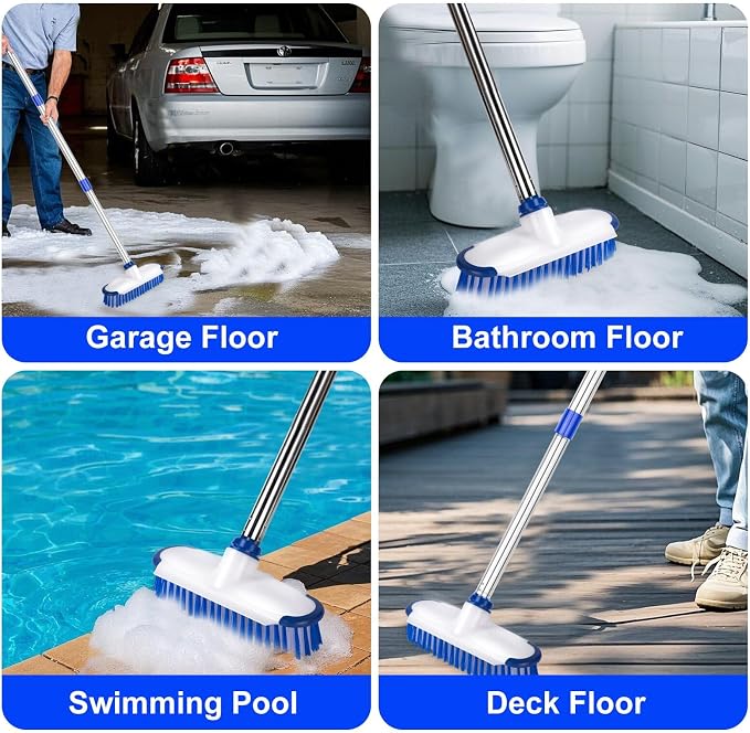 Floor Scrub Brush with Long Handle, 2 in 1 Deck Scrub Brush, Stiff Bristle Scrub Broom & Cleaning Brush for Tile Floor,Deck,Patio,Marble,Garage,Wall, Kitchen,Bathroom