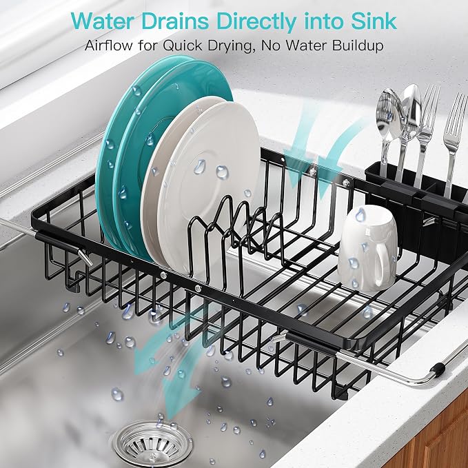 JASIWAY Expandable Stainless Steel Black Over The Sink Dish Drying Rack for Small Kitchen Counter Space Saving, Compact Plate Drainer Strainer, Adjustable Hanging Metal Dish Dryer with Utensil Holder