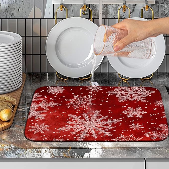Christmas Dish Drying Mat for Kitchen Counter 16x18 Inch Red Snowflake Xmas Drying Pad Winter Holiday Dish Draining Mat Absorbent Microfiber Dish Drainer Rack Mat for Coffee Bar Kitchen