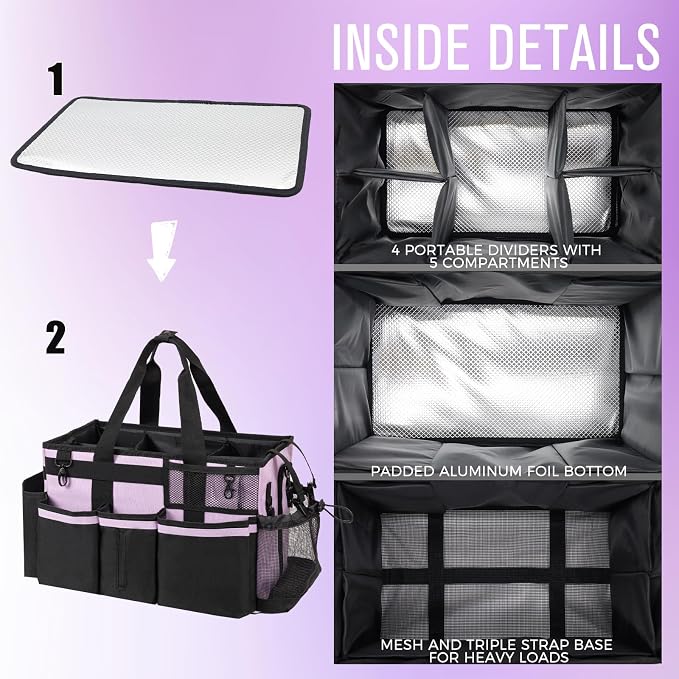 SCAVATA Wearable Cleaning Caddy, Cleaning Caddy Supplies Organizer with Handle & Shoulder Straps for Housekeepers, Under Sink & Car Cleaning Tool Organizers Bag with 4 Foldable Divider (Lilac)