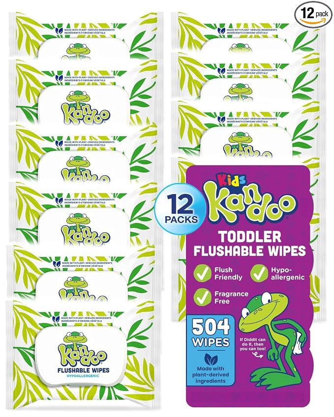 Flushable Wipes for Baby and Kids by Kandoo, Sensitive and Unscented Formula, Hypoallergenic Potty Training Wet Cleansing Cloths, 42 Count, Pack of 12