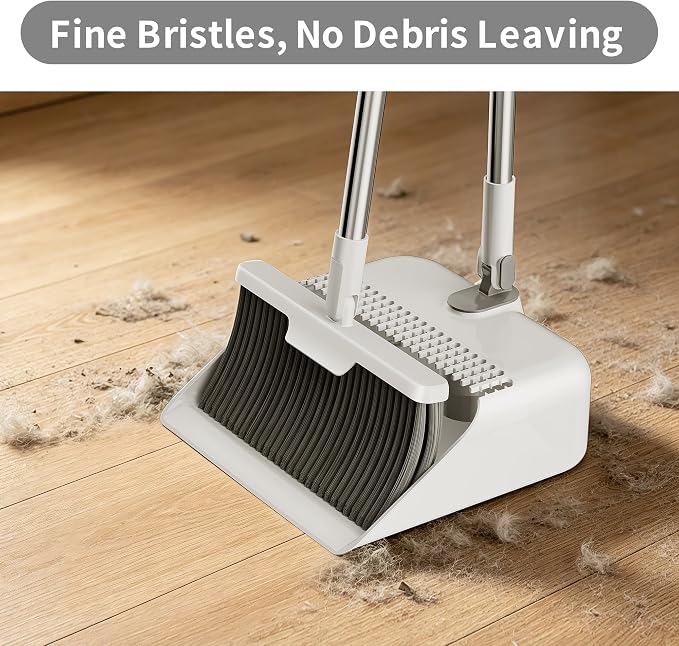 3 Pieces 52'' Broom with Dustpan Combo Set and Silicone Air Broom Kit, Long Handle Broom and Dustpan Sets with Teeth, Upright Storage Household Broom and Dustpan Sets Light Gery