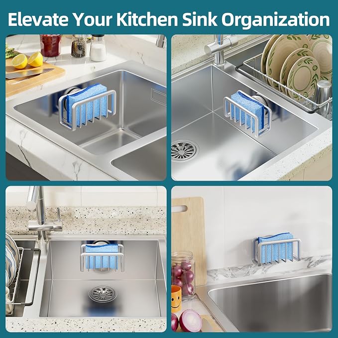 TAILI Sink Caddy with Strong Suction Cup, Sponge Holder for Kitchen Sink Oganizer, Removable Rustproof Aluminum Sponge Holder, Dish Brush for Scraper - Silver