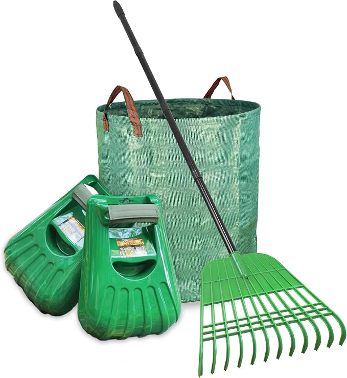 Gardzen Plastic Rake for Leaves and Hand Scoops Set | 67 inch Adjustable Long Handle, Crack Resistant Modified PE Rake, Comes with Wrist Pads, 72 Gallon Bag, Gloves