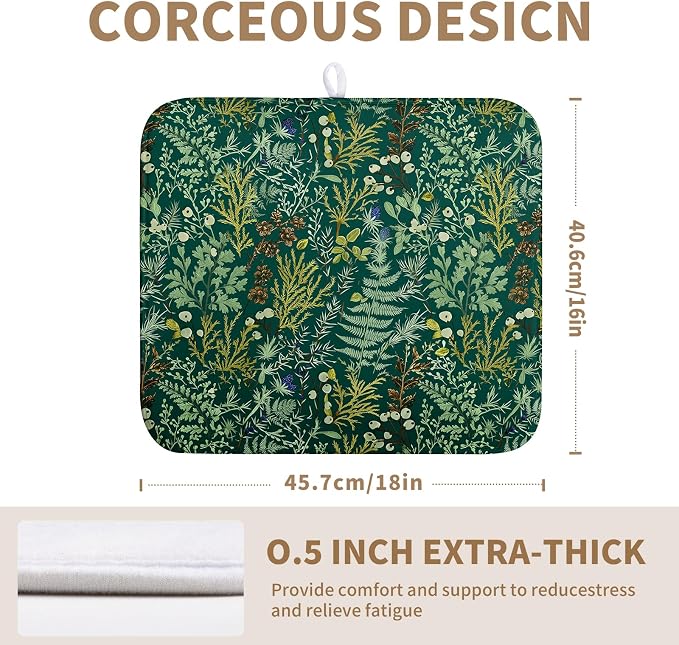 Dark Green Plant Dish Drying Mat for Kitchen Counter Vintage Botanical Floral Leaf Dishes Drying Mat Absorbent Microfiber Dish Draining Pad Washable Dish Drainer Rack Mats 16x18 Inch