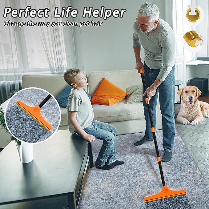 Eaersan Carpet Rake for Pet Hair Removal - Reusable Pet Hair Remover, 60” Adjustable Long Handle Cat Dog Carpet Rake Scraper, Dog Hair Rake Brush for Rugs, Mats, Couch