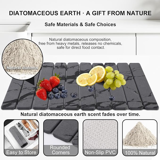 3 PCS Large Stone Dish Drying Mat for Kitchen Counter, Quick Dry Diatomaceous Earth Mat with Sink Faucet Pad, Marble Water Absorbing Stone Drying Mats for Dishes, Bottles and Cups
