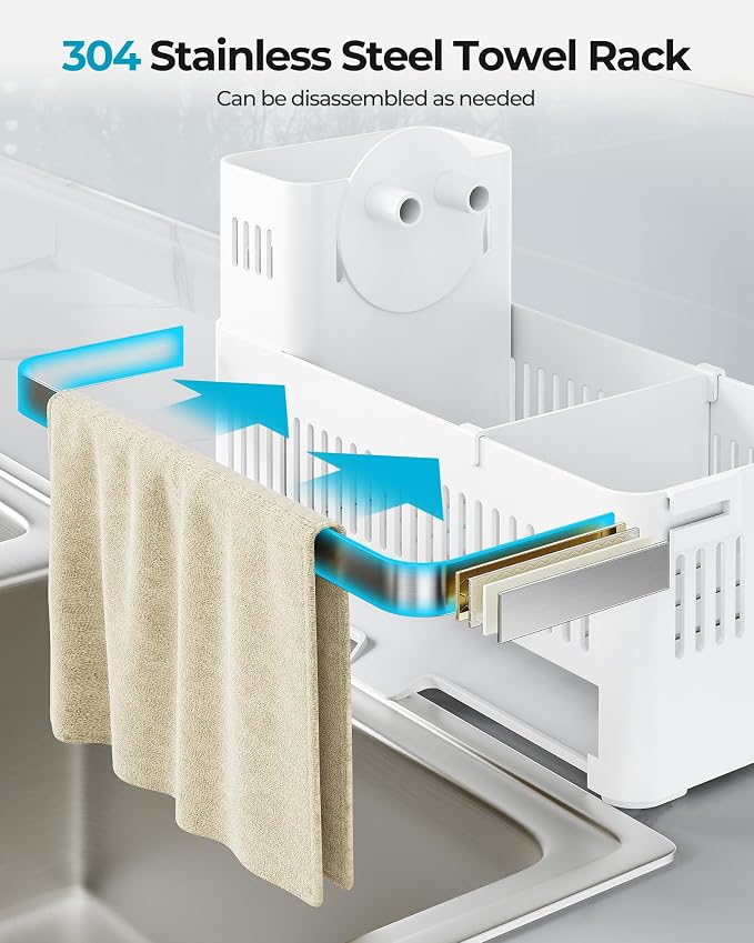 Nieifi Sponge Holder – White ABS Rust Sink Caddy with Towel Rack, 10.12" | Smiley sponge & brush holders with drainage to keep items dry. 4.5-inch depth. Kitchen counter organizer & essential storage.