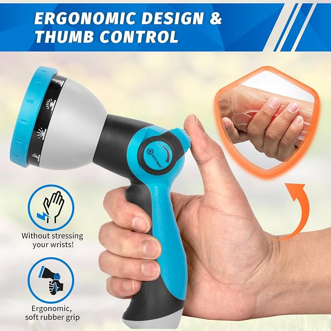 AUTOMAN Garden Hose Nozzle Sprayer - 10 Spray Patterns, 2 Pack Thumb Control Water Hose Nozzle Outdoor, Heavy Duty Spray Nozzles for Watering Garden, Cleaning Window, Washing Car, Showering Pets