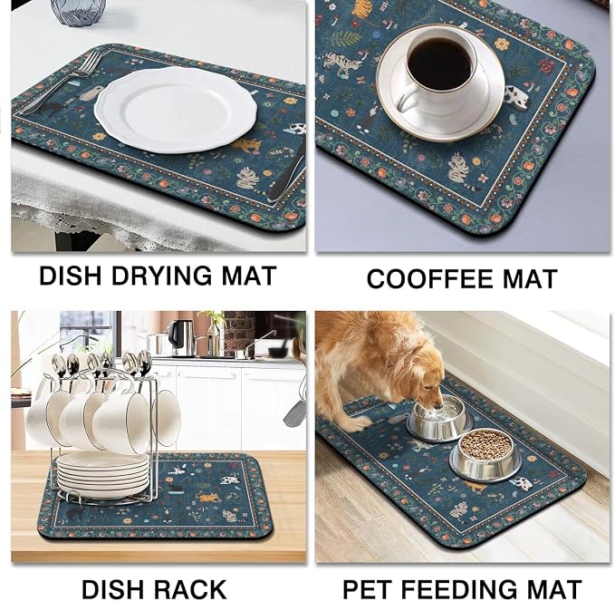 Dish Drying Mat 2-Pack in Vintage Cat Floral for Kitchen Counter Dishes Mat | Diatom Mud Mats (18x24, 19.5x12"). Non-slip rubber back for kitchen counter, coffee bar & sink scenes