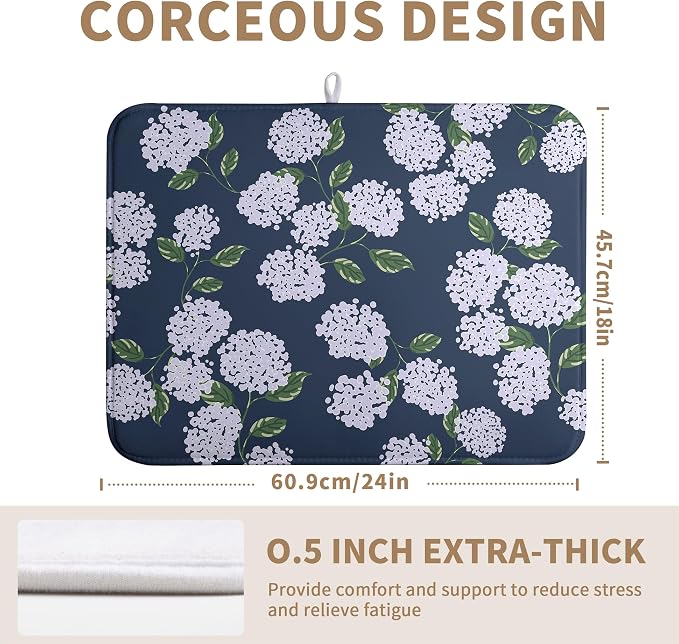 Navy Blue Hydrangea Dish Drying Mats Spring Summer Dish Mat Vintage Floral Drying Matt Dishes Dryer Pad for Kitchen Counter Absorbent Microfiber Washable Foldable Reusable 18x24 in