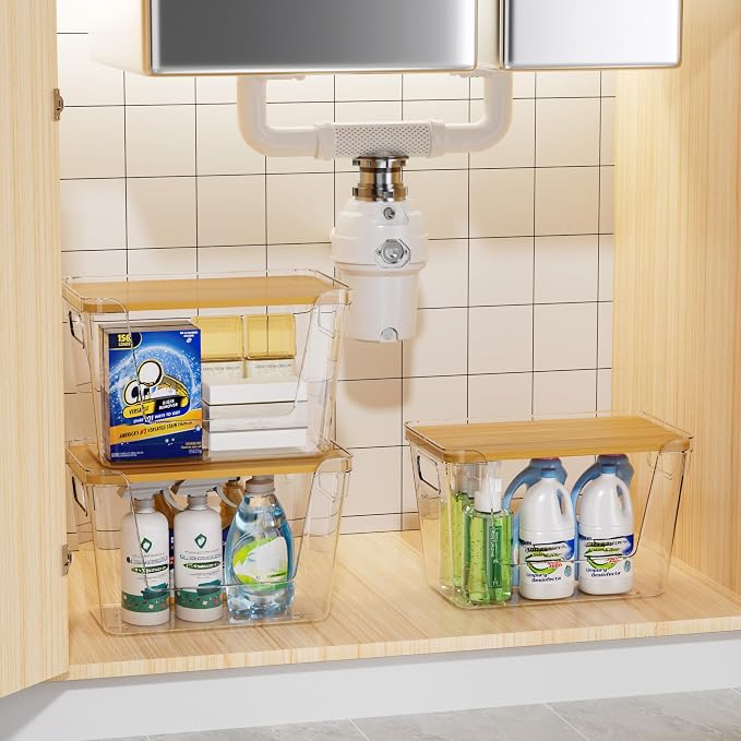 Delamu Acrylic Trash Bag Holder, 2 Pack Stackable Garbage Holder for 4-33 Gallon Bags, Clear Organizer Bins for Under Sink Organization, Pantry Storage, Cabinet, Kitchen, Laundry, Bathroom