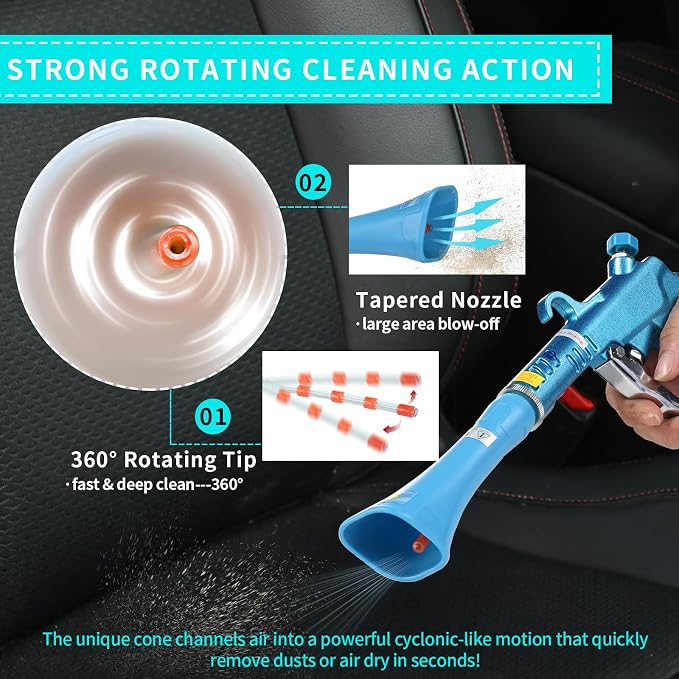 GOCCIDA Tornado Dry Car Cleaning Gun Interior Dryer Air Blow Gun | Vortex Air Cleaning Gun,Pro Auto Detailing Tool for Deep Cleaning Interiors & Exteriors Uses Air Compressor Blue