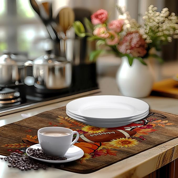 Fall Pumpkin Dish Drying Mats Thanksgiving Dish Mat Football Wood Drying Matt Dishes Dryer Pad for Kitchen Counter Absorbent Microfiber Washable Foldable Reusable 18x24 in