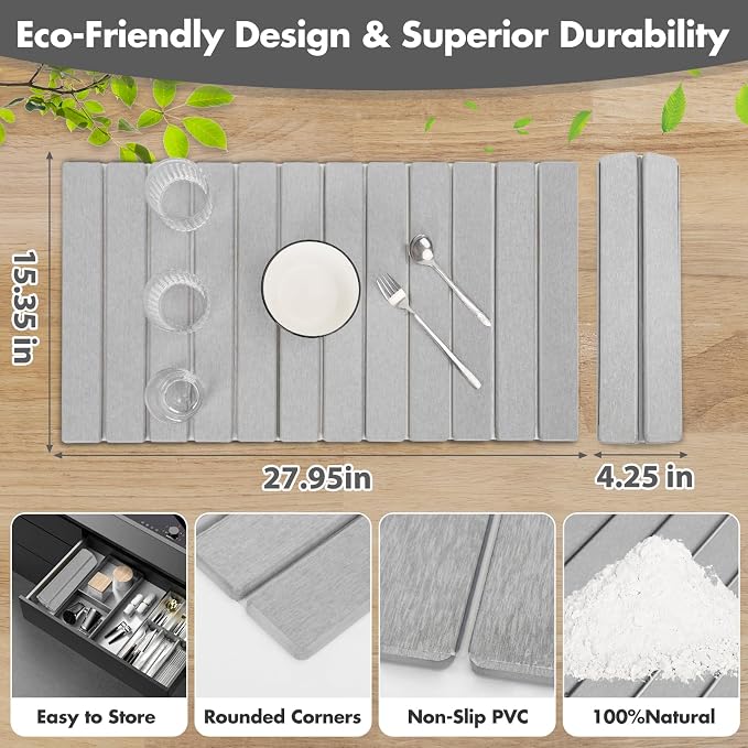 Extra Large Stone Dish Drying Mat for Kitchen Counter, 28"×16" Eco-friendly,Instant Drying Pad,Diatomaceous Earth Water Absorbing Mat, Foldable and Super Absorbent Dish Drying Stone Mat, Light Gray