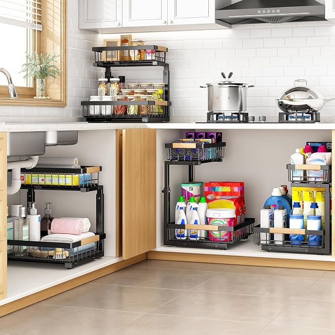 PXRACK Under Sink Organizer, Adjustable Height, 2 Tier Pull Out Under Cabinet Organizer, Slide Out Thickened Metal Under Sink Storage for Kitchen Bathroom Laundry Pantry Cabinet, Black, Small-1-Pack