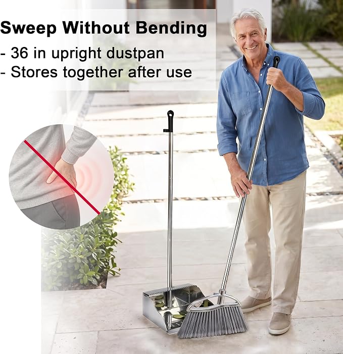 Heavy Duty Broom and Dustpan Set, Stainless Steel, 52.7-Inch for Sweeping | No-bend stand up design