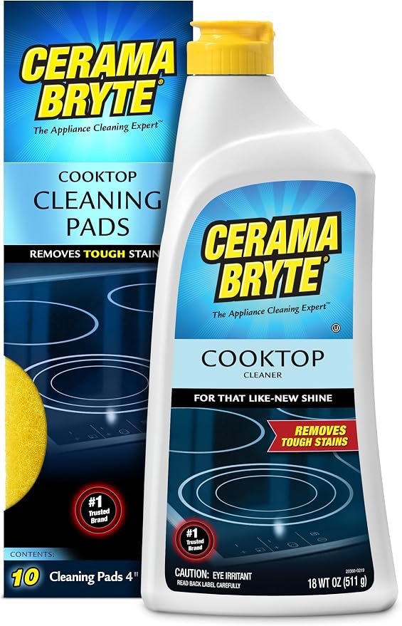 Cerama Bryte Glass Cooktop Cleaner Bundle, 18 oz Bottle & 10 Pads