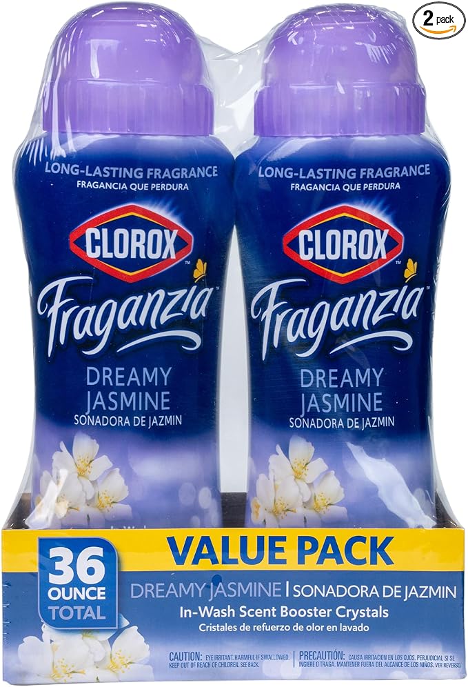 Clorox Fraganzia Laundry Scent Booster Crystals, In-Wash Fragrance Beads for Fresh-Smelling Clothes & Linens, Safe for All Fabrics & Colors, Easy-Pour Bottle, Dreamy Jasmine Scent, 18 Oz, 2 Pack