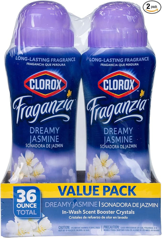 Clorox Fraganzia Laundry Scent Booster Crystals, In-Wash Fragrance Beads for Fresh-Smelling Clothes & Linens, Safe for All Fabrics & Colors, Easy-Pour Bottle, Dreamy Jasmine Scent, 18 Oz, 2 Pack