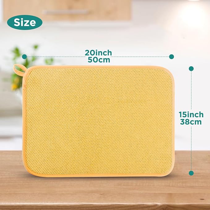 GeeRic Microfiber Dish Drying Mat, Super Absorbent Kitchen Dish Drying Pad, Reversible for Countertop, 15*20 inch Yellow