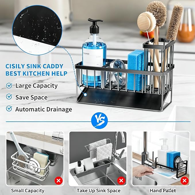 Cisily Sink Caddy Sponge Holder for Kitchen with Brush Holder and Stainless Steel Self Drain Tray, Rustproof Kitchen Sink Organizer for Sponge, Soap Dispenser Storage Accessories
