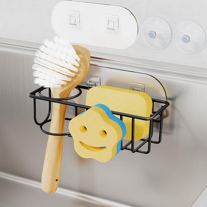 HapiRm Sink Caddy Sponge Holder - No Drill Kitchen Sink Organzier with Smiley Face Sponge Holder, Rustproof and Waterproof Kitchen Organizer - Black