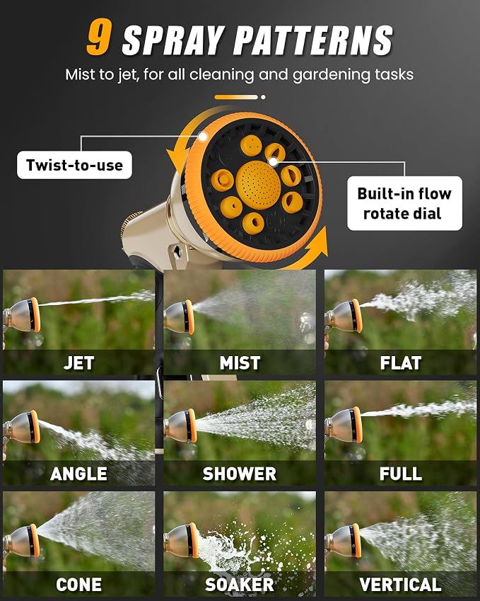RAINPOINT Garden Hose Nozzle, Metal Hose Sprayer Nozzle With 9 Adjustable Spray Patterns, Heavy Duty Hose Sprayer for Watering Plants, Lawns, Car Wash, Pet Washing (1, Orange)