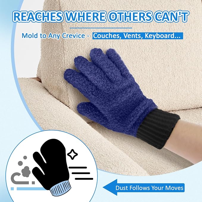 MIG4U 2 Pairs Microfiber Gloves - Dusting Gloves for House Cleaning - Washable Blind Cleaner Duster Tool (Navy,S/M)