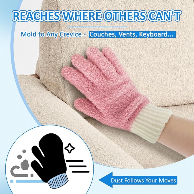 MIG4U Microfiber Dusting Gloves House Cleaning Glove for Blinds, Windows, Shutters, Furniture, and Car, Reusable Lint-Free Pink 2 Pairs S/M