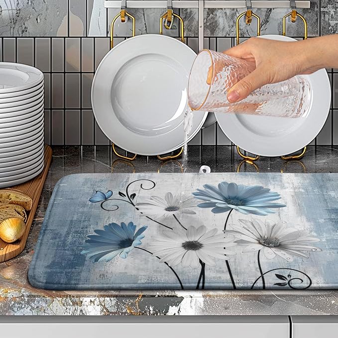 Dish Drying Mat for Kitchen Counter 18x24 Inch Blue Grey Daisy Drying Pads Rustic Vintage Floral Dish Dry Mat Microfiber Absorbent Farmhouse Dish Drainer Mat Flowers Dish Drainer Rack Mat