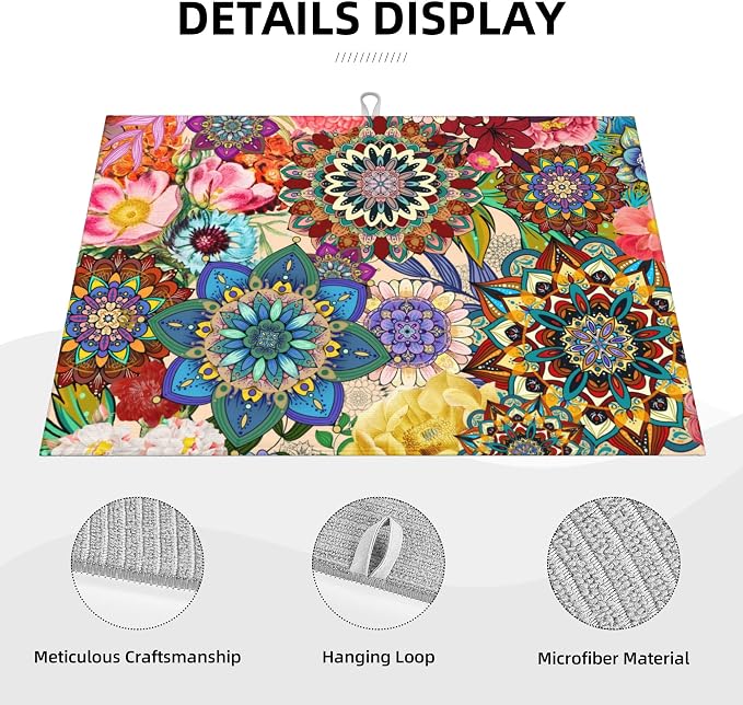 Colorful Flowers Dish Drying Mat for Kitchen Counter Absorbent Reversible Boho Floral Drying Pad Kitchen Decor Dish Drainer Rack Mats 18"x24"