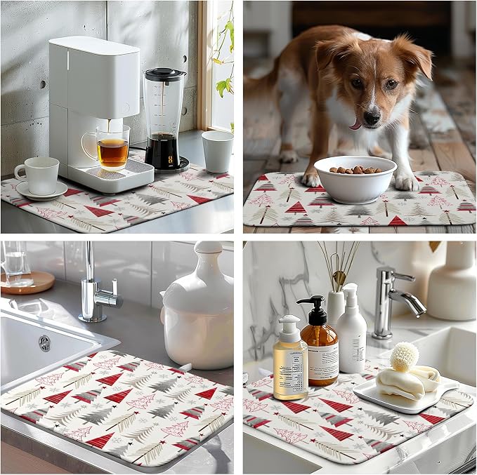 Christmas Dish Drying Mats for Kitchen Counter Xmas Tree Drying Mat Winter Holiday Dishes Drying Pad Microfiber Absorbent Dish Draining Mat Washable Dish Drainer Rack Mat 16x18 Inch