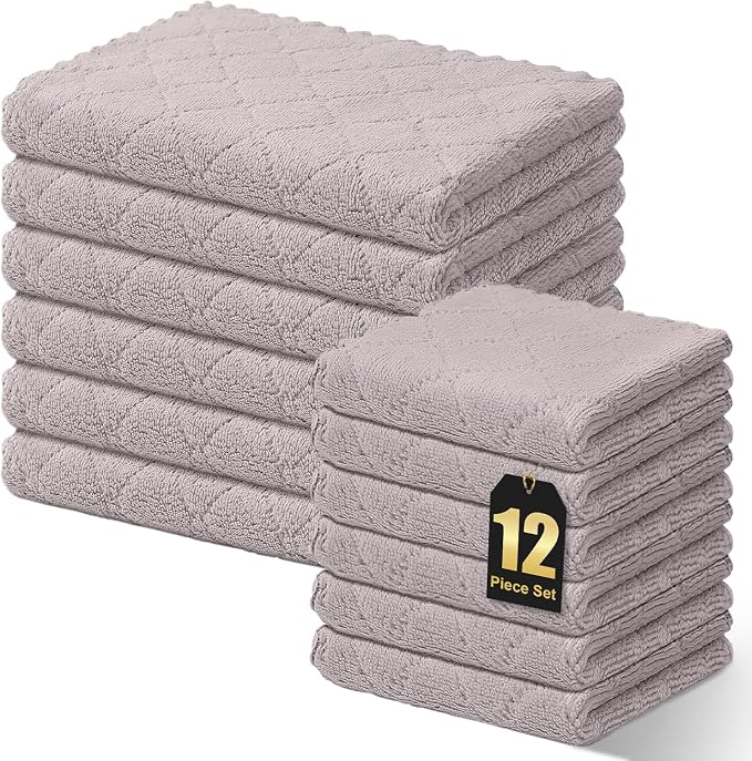 Homaxy Kitchen Towels and Dishcloths Set, 10 x 10 and 13 x 19 Inches, Set of 12 Super Soft and Absorbent Coral Velvet Kitchen Towels, No Lint and Nonstick Oil Fast Drying Dish Towel, Grey