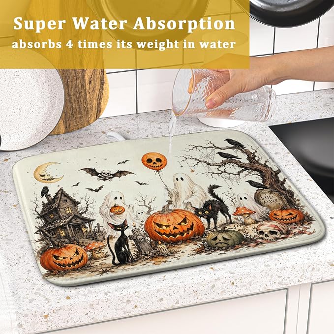 Giwawa Halloween Pumpkin Ghost Dish Drying Mat Black Cat Microfiber Dishes Pad 16x18 Inch Holiday Dish Drainer Rack Mats for Kitchen Counter Sink