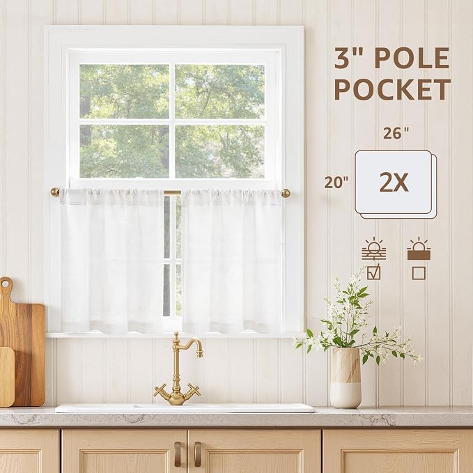 jinchan Rustic Linen Rod Pocket Tier Curtains, 26x20, 2 Panels, White | Light filtering, cafe curtains, machine washable, farmhouse, kitchen, bathrooms, laundry, small window, over sink
