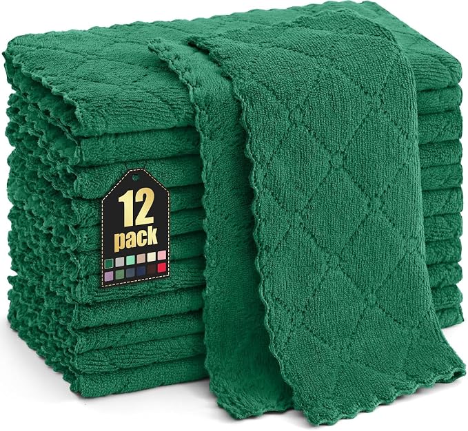 Homaxy 12 Pack Kitchen Dish Cloths (10 x 10 Inches, Dark Green), Super Soft and Absorbent Coral Velvet Dish Towels, Nonstick Oil Fast Drying Microfiber Cleaning Cloth, No Lint Household Dishcloths