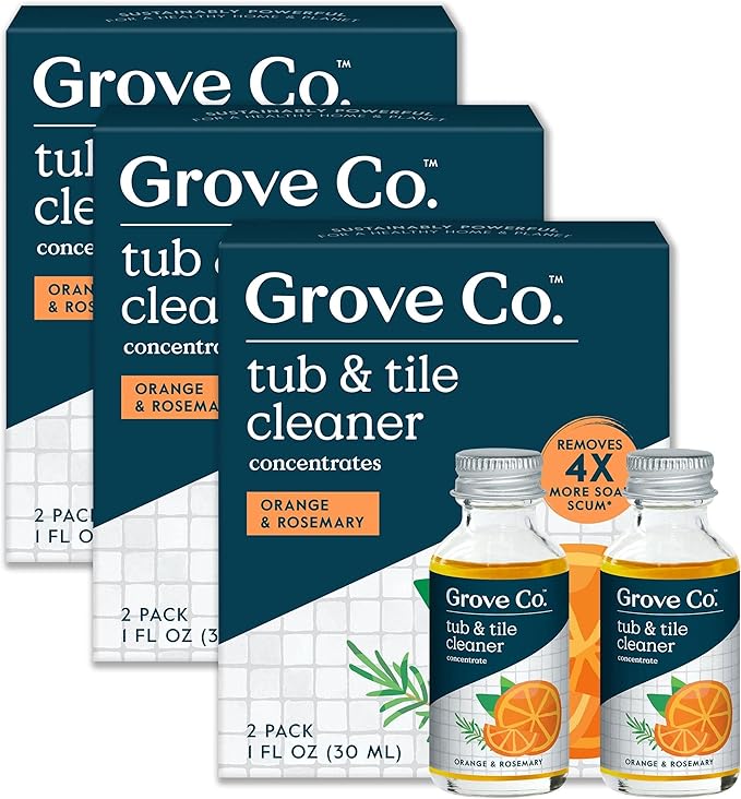 Grove Co. Tub and Tile Cleaner, 6 x 1 fl oz Refills, Orange & Rosemary | Removes Soap Scum; No Plastic Waste; Plant-Based; Refill format; No Harsh Chemicals; All Natural Fragrance