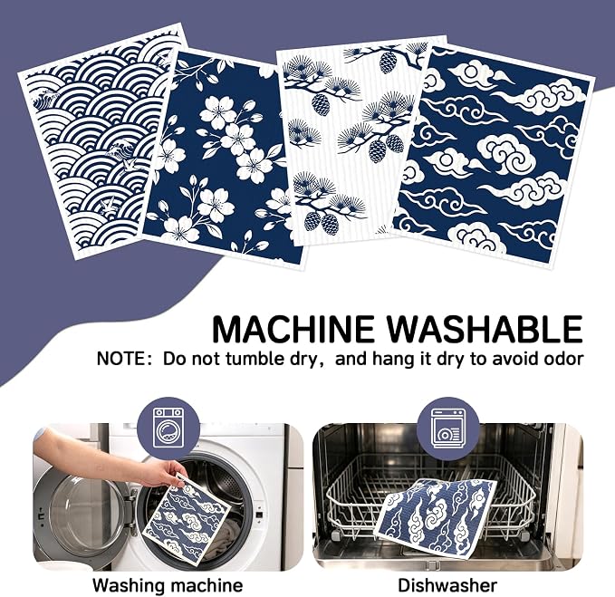 4 PCS Swedish Dishcloths, Japanese Pattern Reusable Kitchen Dish Cloths, Super Absorbent Cellulose Sponge Cloths, Odor Resistant, Dishwasher Safe & Multi-Purpose Cleaning Cloths