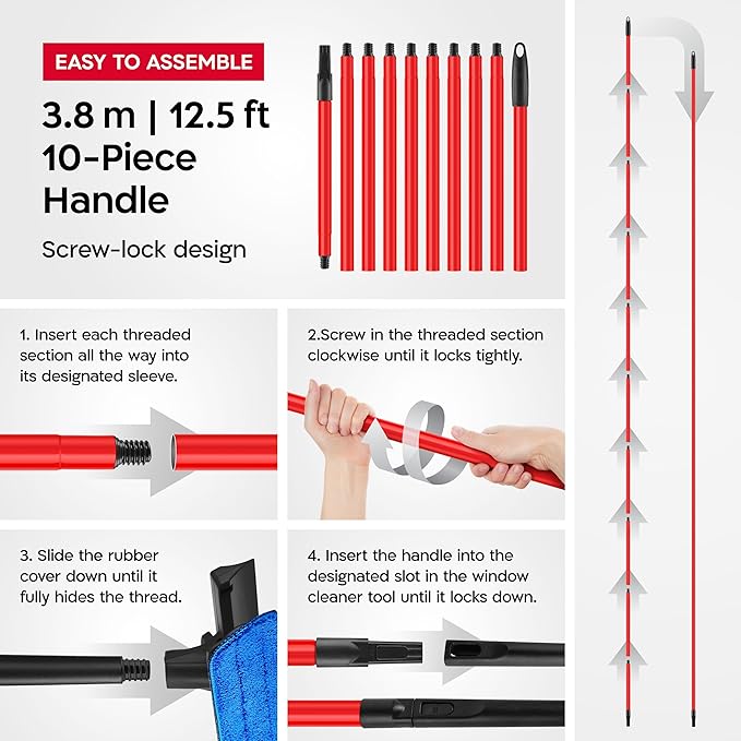 Tyroler Window Squeegee with Extension Pole 1-12.5ft | Window Cleaner Tool | | 10-Part Windows Washing Kit with Extension Pole | Professional Telescopic Window Squeegee for Home & High Glass