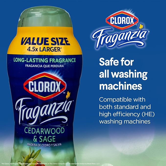 Clorox Fraganzia Laundry Scent Booster Crystals, In-Wash Fragrance Beads for Fresh-Smelling Clothes & Linens, Safe for All Fabrics & Colors, Easy-Pour Bottle, Cedarwood & Sage, 70 Oz