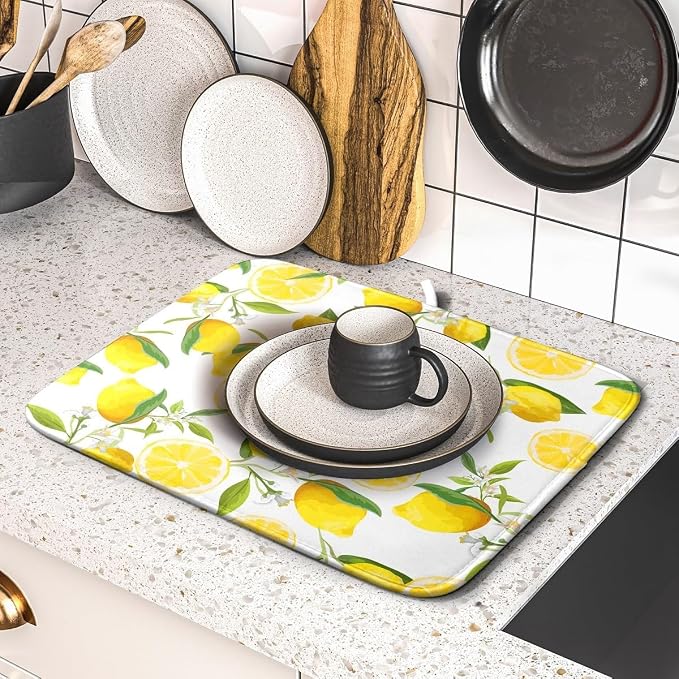 Lemon Dish Drying Mat for Kitchen Counter Spring Summer Microfiber Absorbent Dish Draining Reusable Washable Foldable 16"x18"