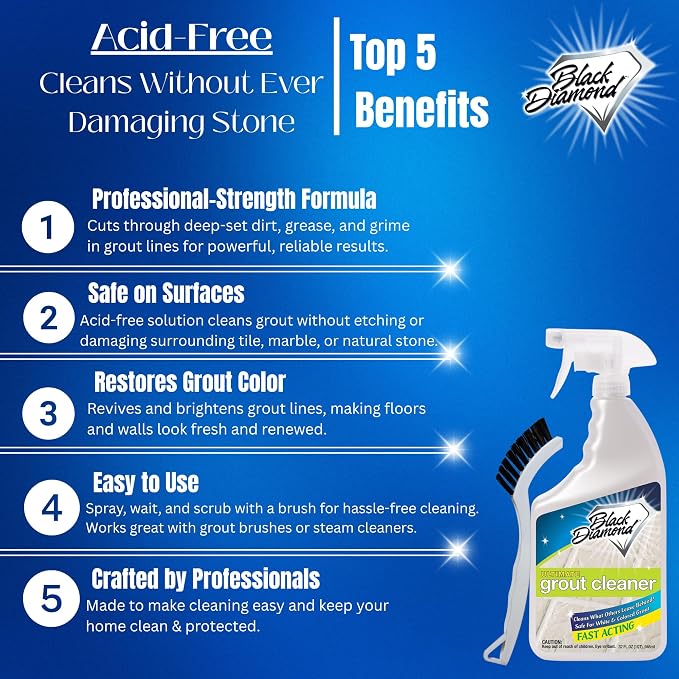 Black Diamond Ultimate Grout Cleaner: Best Cleaner for Tile,Ceramic,Porcelain, Marble Acid-Free Safe Deep Cleaner & Stain Remover for Even The Dirtiest Grout. (1-Quart/1-Brush)