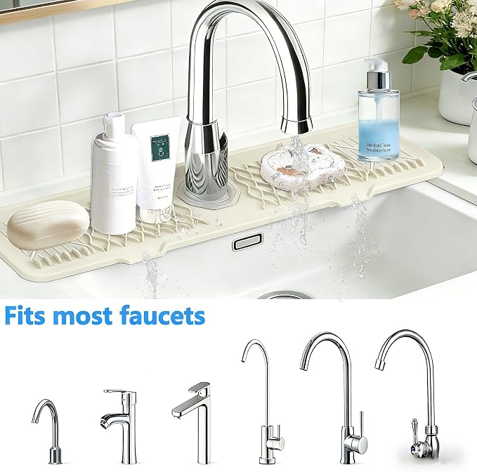 EBIGIC 24 Inch Silicone Faucet Mat for Kitchen Sink, 7° Slope Fast Self-Draining Sink Splash Guard, Kitchen Sink Water Catcher Organizer, Kitchen Sink Accessories (off-white, 24''x5.6'')